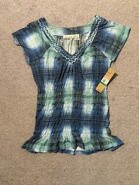 NWT Dkny Women's Blue-Green Plaid Short Sleeve Top -  L